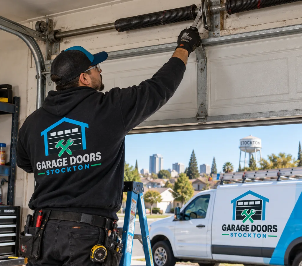 Residential sectional garage door partway open while its torsion spring and center bearing plate are inspected