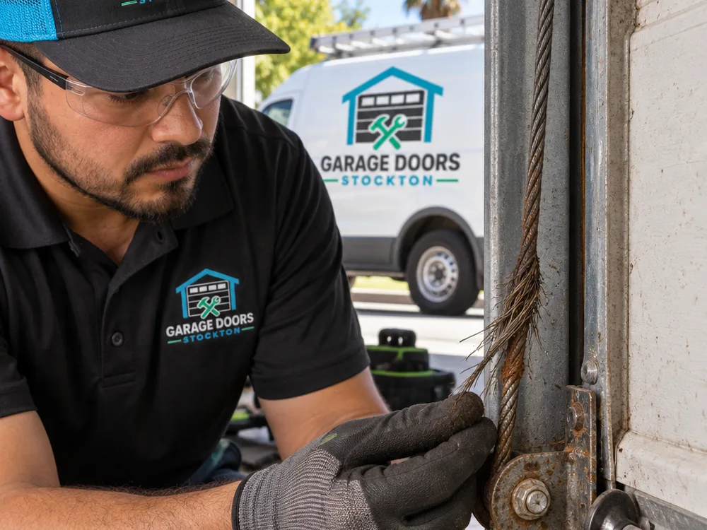 Frayed garage door lift cable with broken strands and rust near the bottom bracket and track