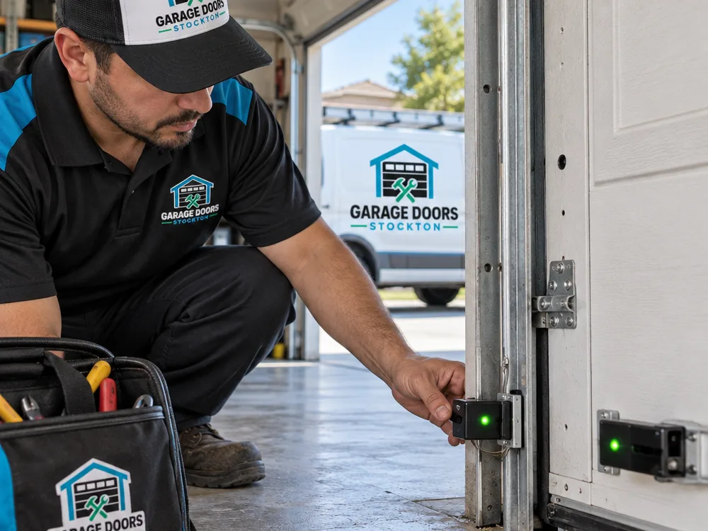 Aligned garage door opener safety sensors with indicator lights on at the bottom of the tracks