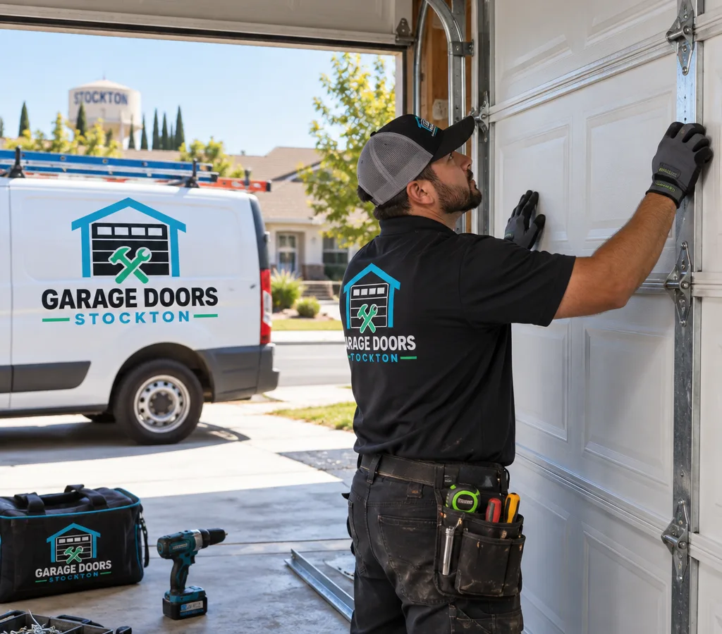 Contractor aligning a new sectional overhead garage door in a residential garage opening