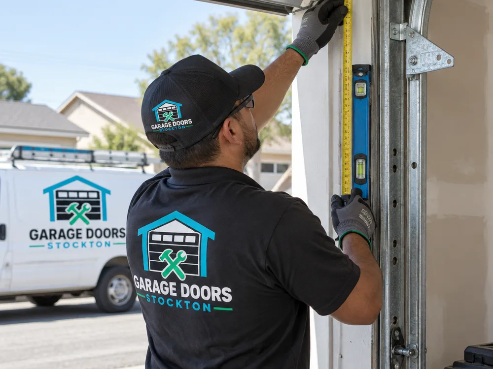 Contractor measuring a garage door opening and headroom with a tape measure and level