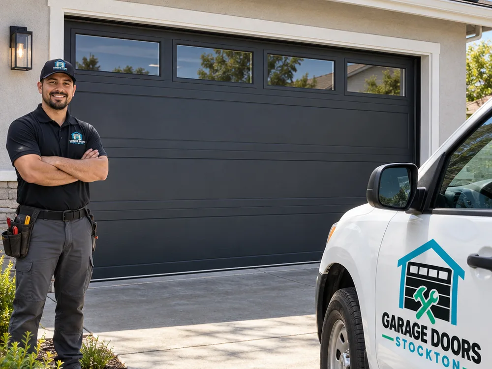 Finished modern sectional garage door with clean panel lines and an even perimeter reveal
