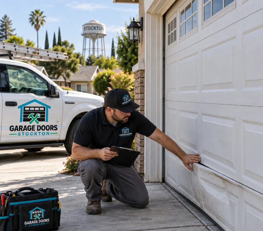 Residential sectional garage door with a visibly bent lower panel being assessed for fit and panel alignment