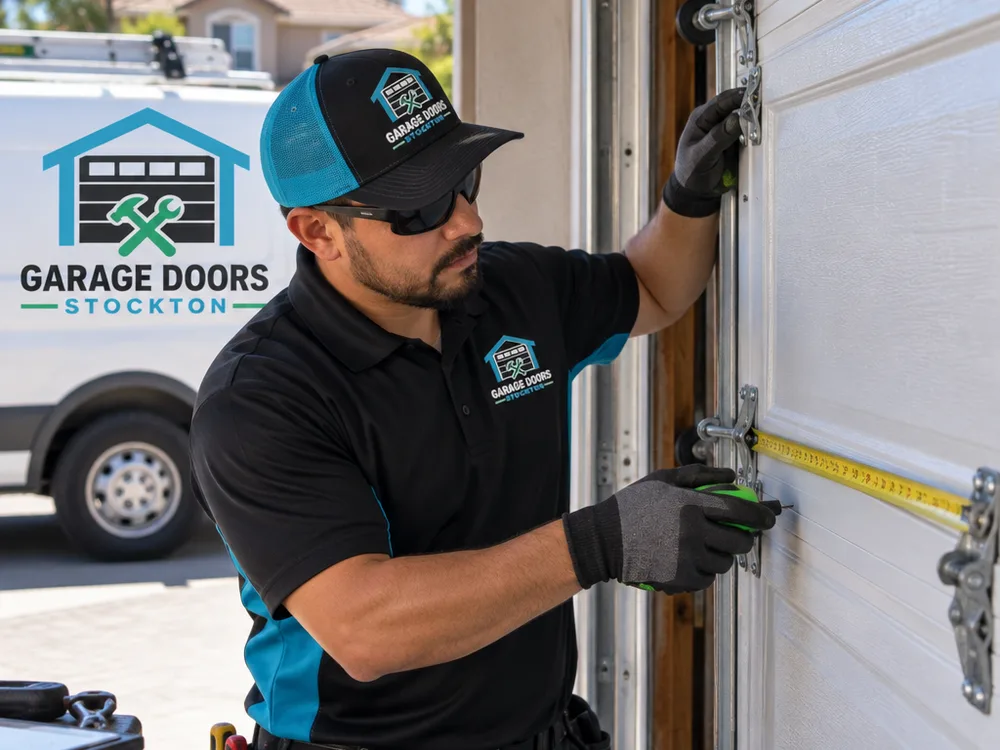 Contractor measuring a sectional garage door panel and checking hinges and track alignment before recommending replacement