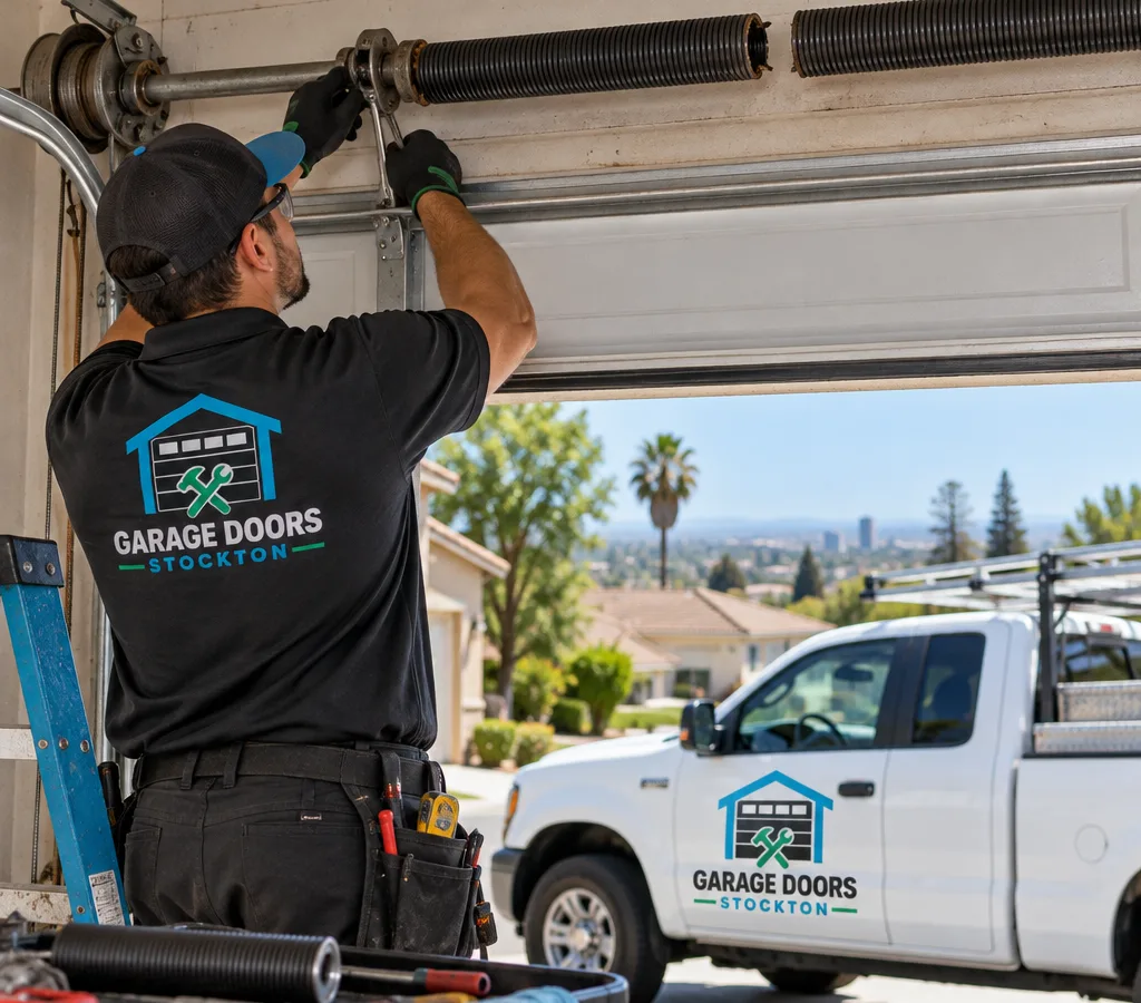 Residential garage door with a visibly separated torsion spring above the opening