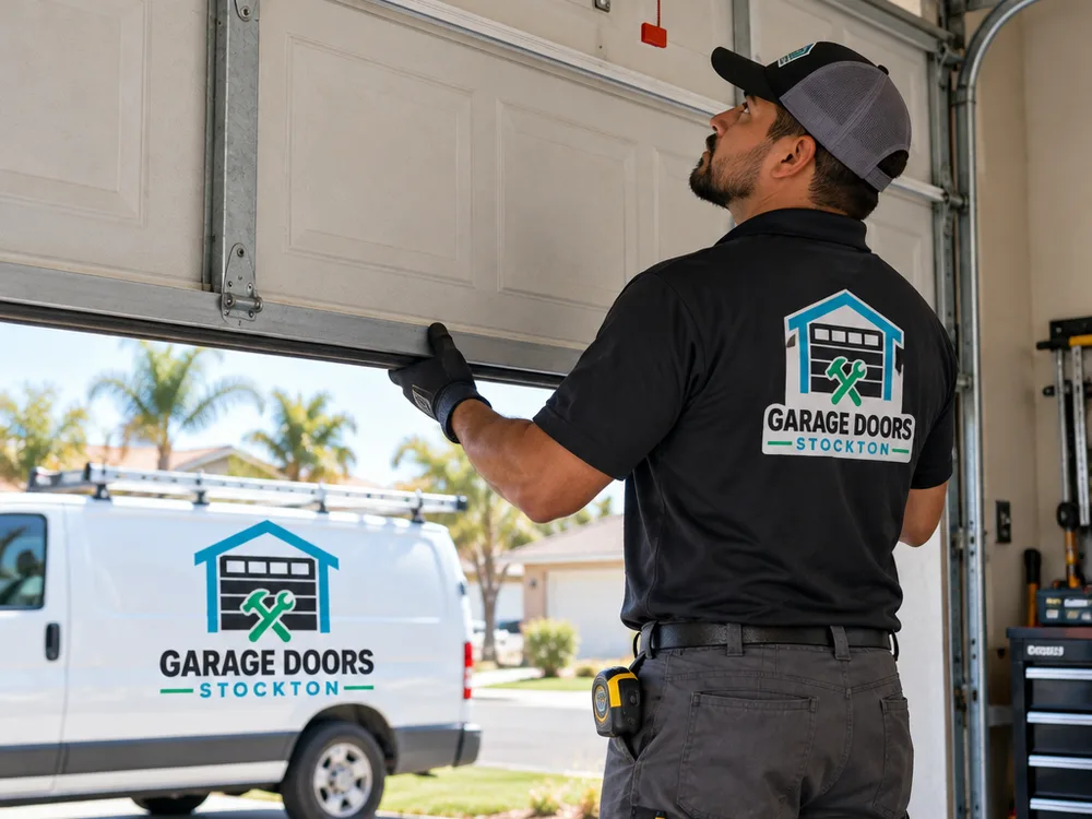 Contractor manually testing garage door balance with the opener disconnected