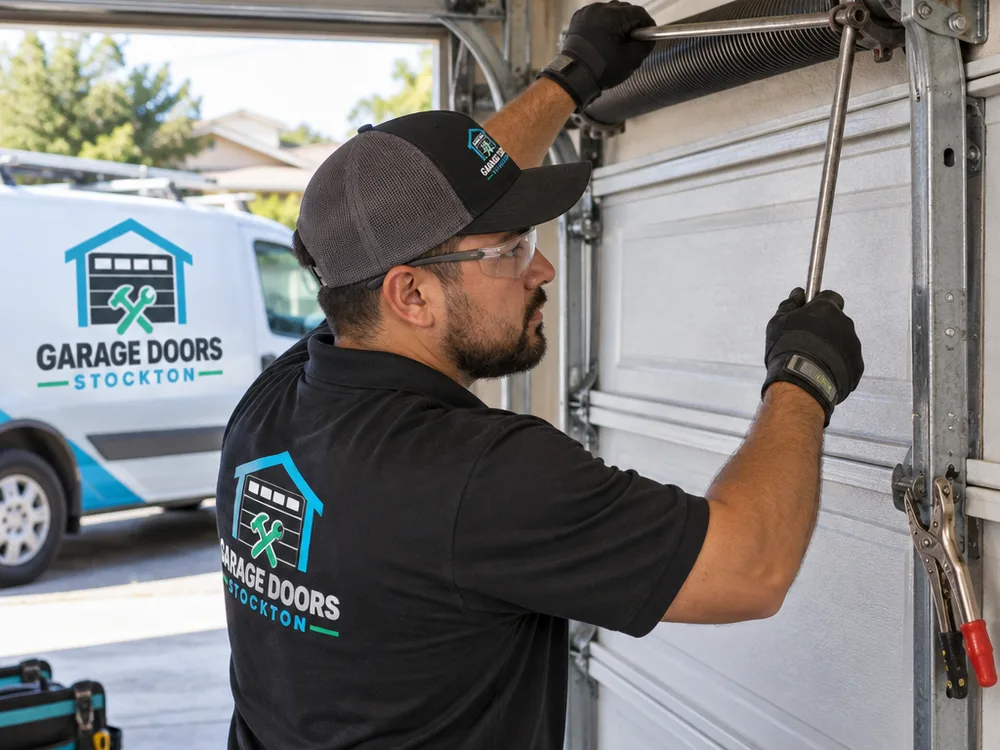 Contractor using winding bars on a torsion spring with the garage door secured closed