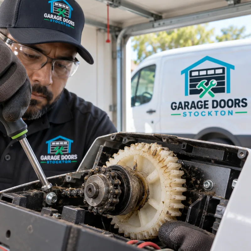 Worn nylon drive gear and sprocket assembly inside a garage door opener housing