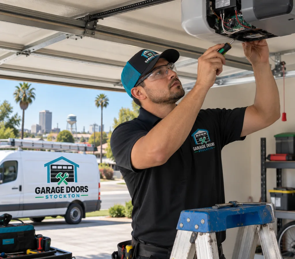 Contractor troubleshooting a ceiling-mounted garage door opener with its cover removed in a residential garage