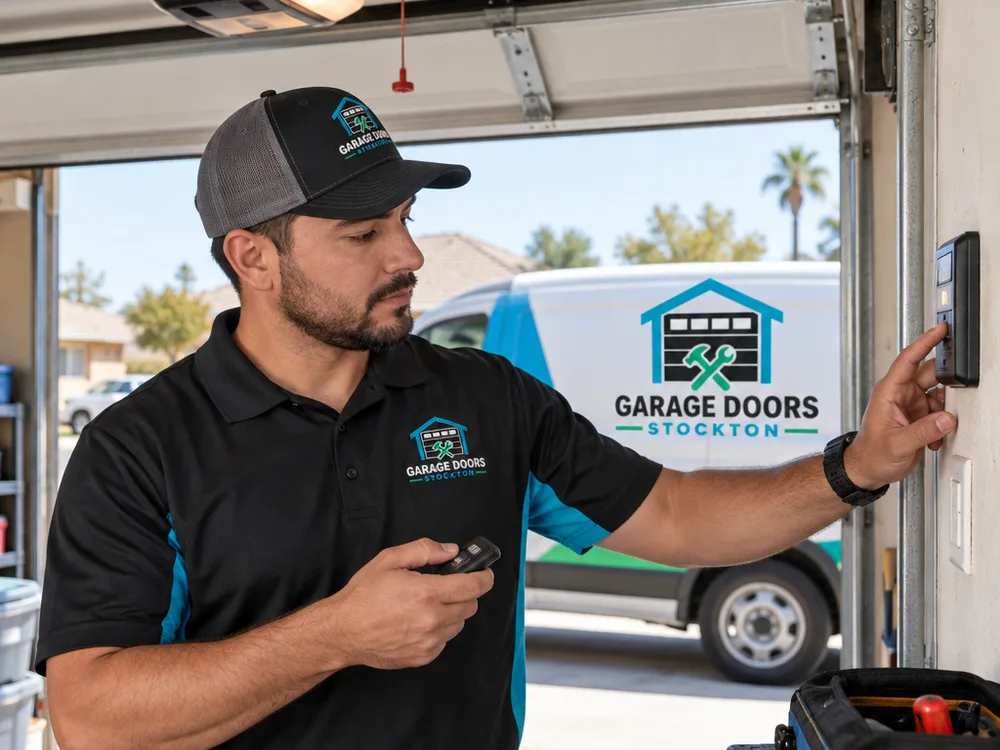 Contractor pairing a universal remote and testing wall control functions after an opener repair
