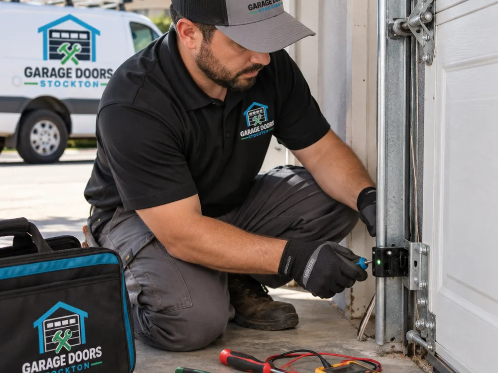 Contractor aligning garage door photo-eye safety sensors with a multimeter and hand tools nearby
