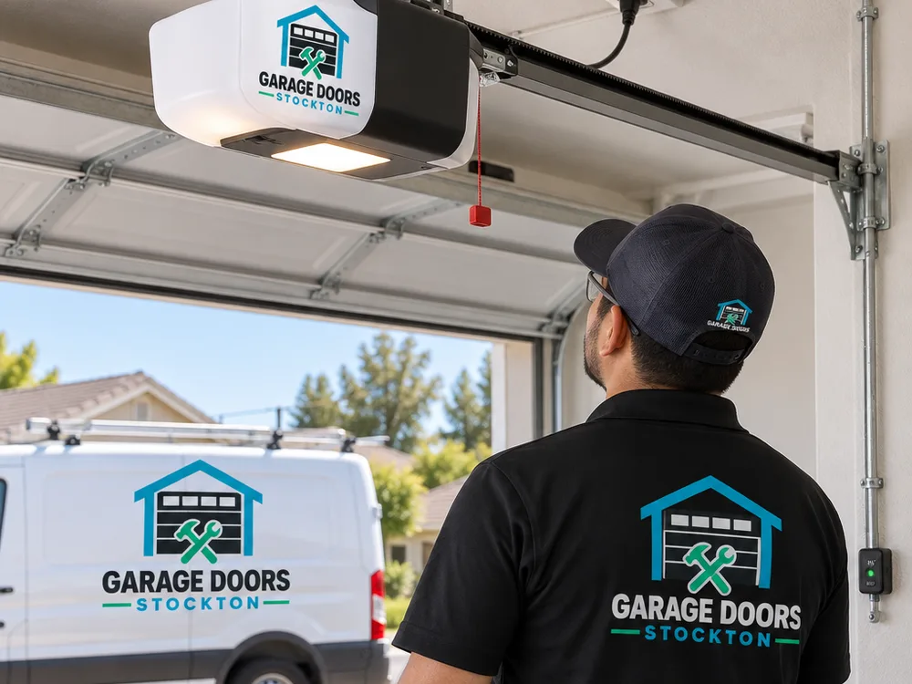 New belt-drive garage door opener with straight rail and neatly routed safety sensor wiring