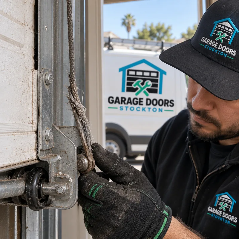 Frayed garage door lift cable at the bottom bracket connection point