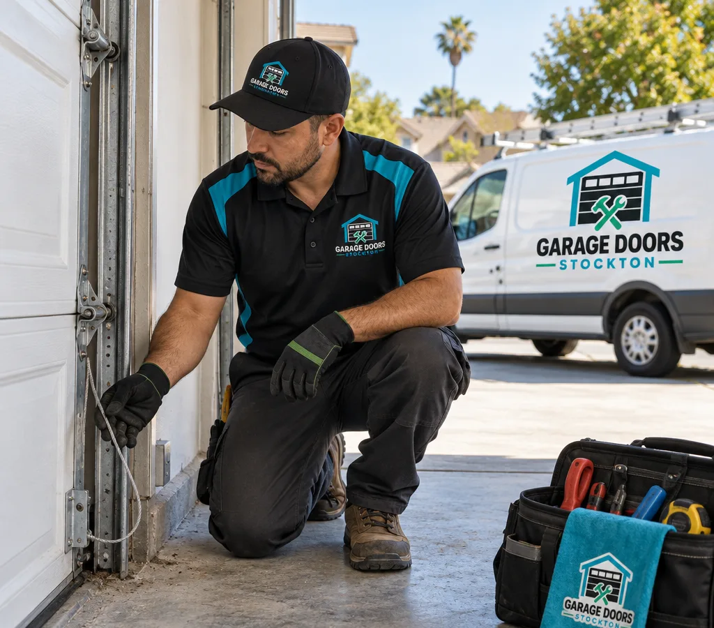 Residential sectional garage door with a slack lifting cable near the bottom bracket as a contractor examines the cable and track