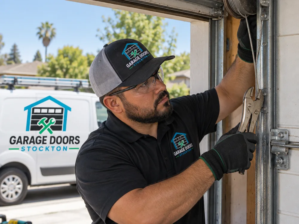 Contractor securing the garage door track with locking pliers while inspecting the cable drum and lift cable routing