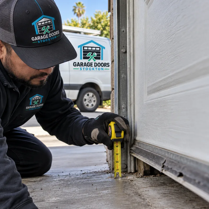 Contractor measuring a roll-up door bottom bar, worn astragal, and guide clearance