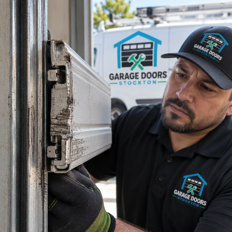 Damaged rolling steel door slat and end lock rubbing inside the guide