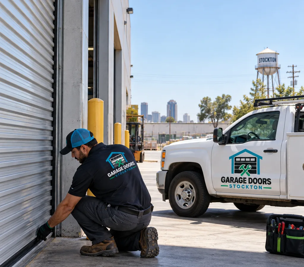 Commercial roll-up steel door at a warehouse bay with a contractor inspecting the bottom bar and guides