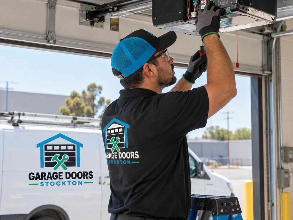 Contractor inspecting a commercial door operator, limit settings, and safety wiring