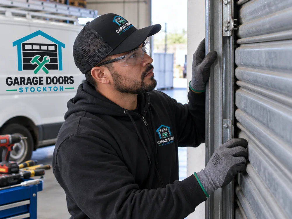 Contractor checking rolling steel door curtain alignment, guides, end locks, and slats
