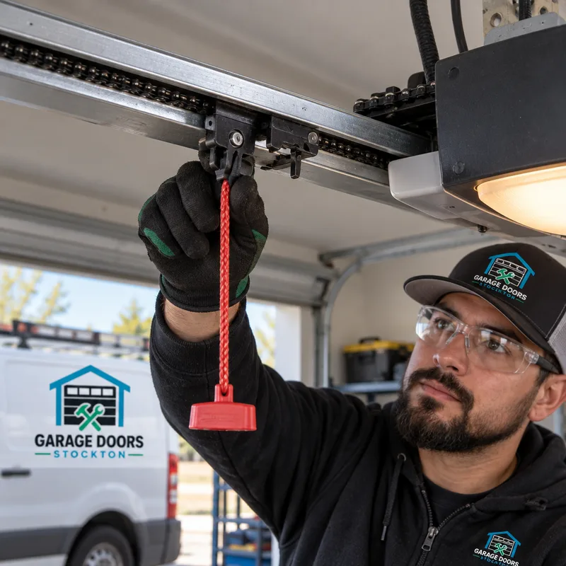 Garage door opener trolley and emergency release in a disengaged position