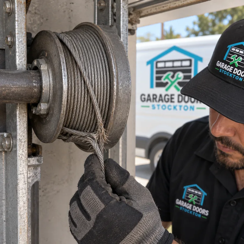 Garage door cable drum with incorrectly wrapped and fraying cable