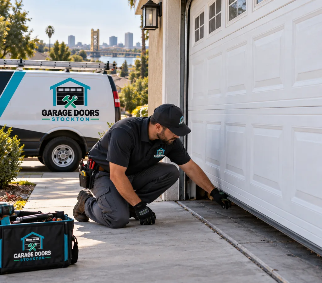 Residential garage door that will not lift while a contractor diagnoses the bottom seal and tracks