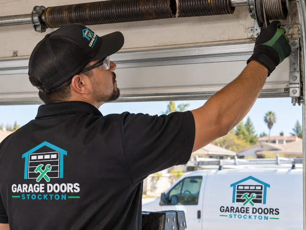 Broken torsion spring assembly being inspected above a garage door