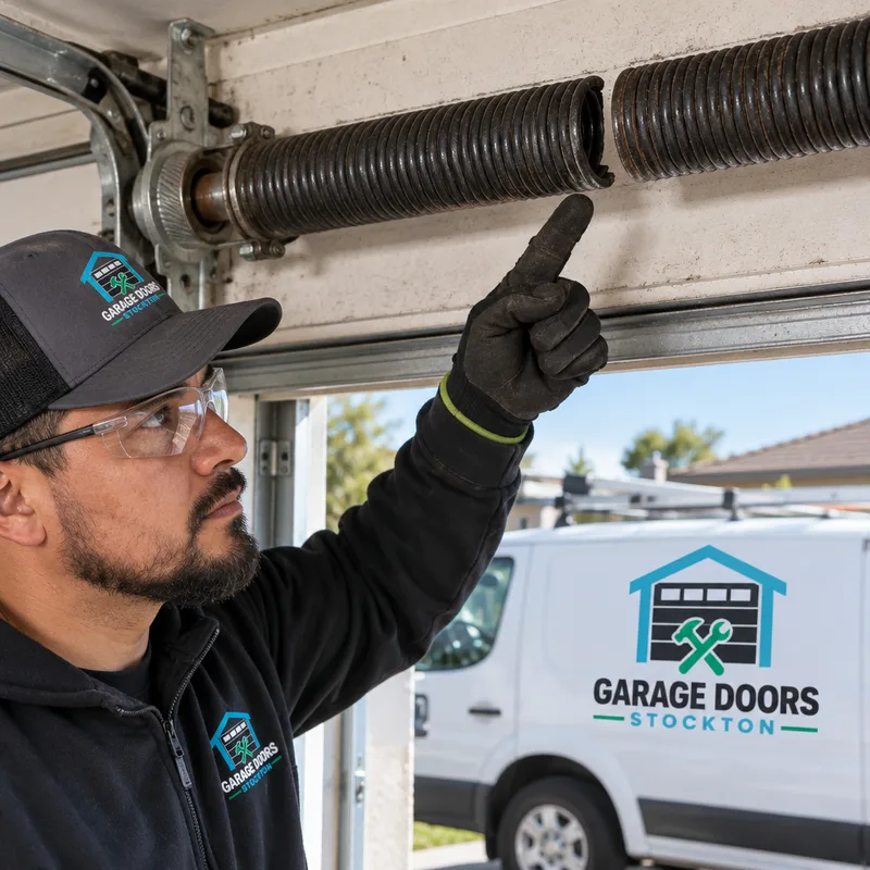 Visible gap in a broken torsion spring coil above a garage door