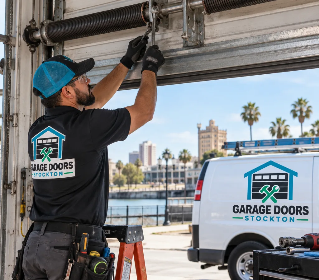 Contractor working at an open commercial roll-up garage door near the torsion spring area