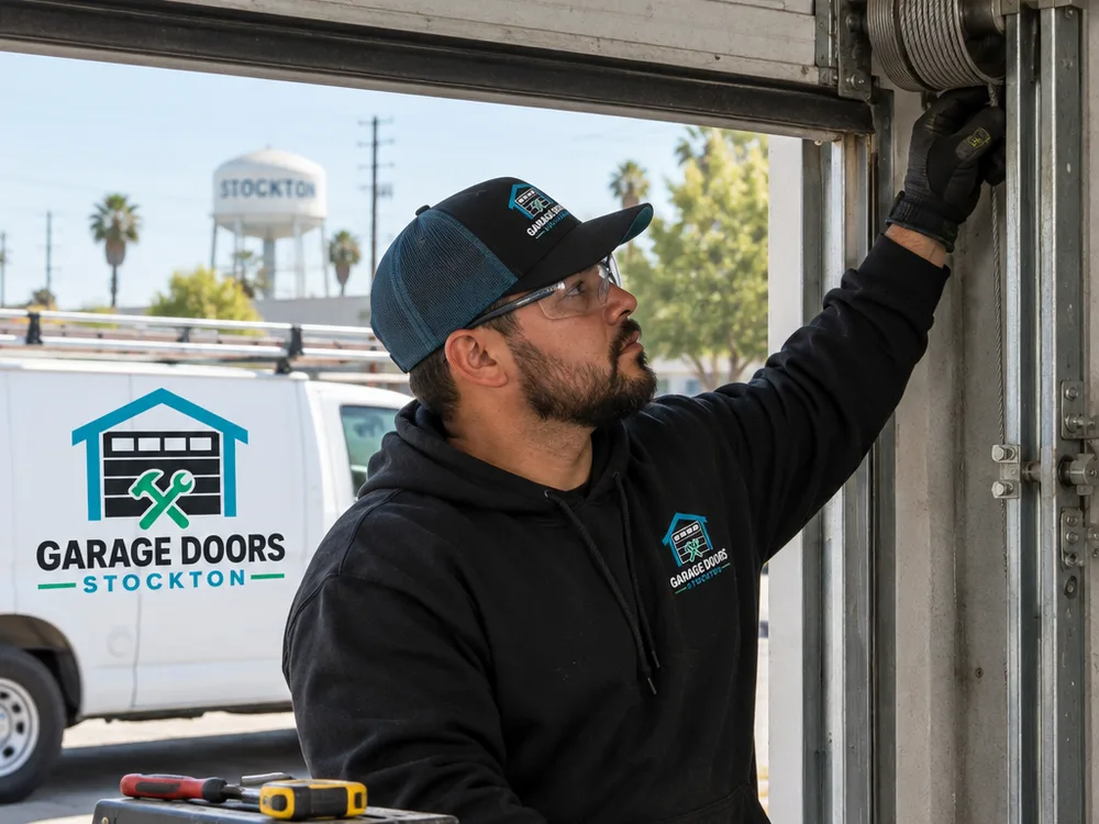 Contractor inspecting lift cables and drums on a secured commercial door