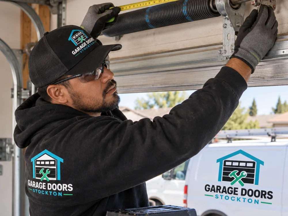 Contractor measuring a torsion spring and inspecting its winding cone and center bearing