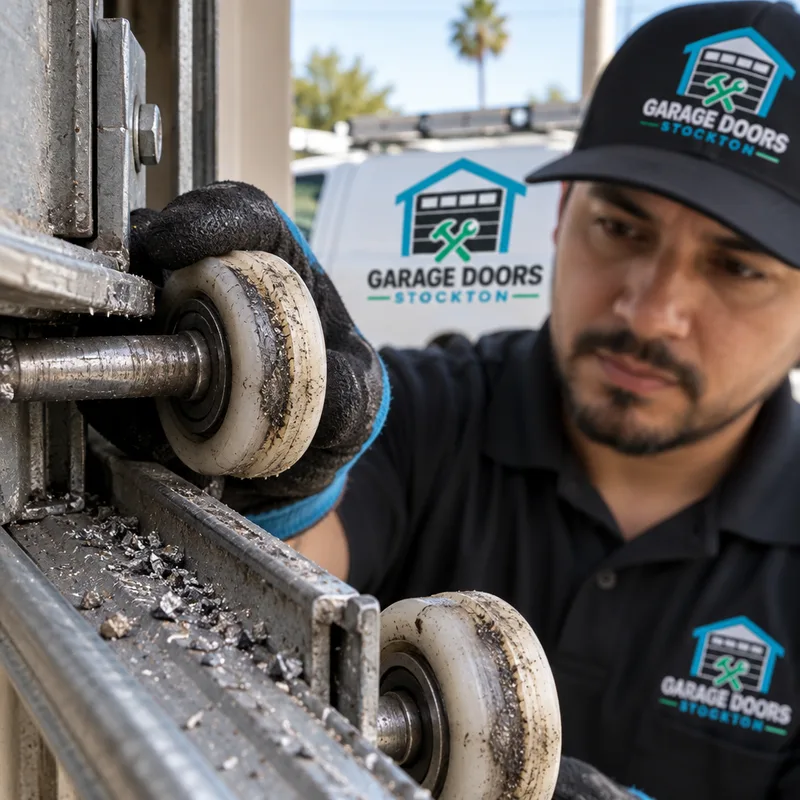 Worn nylon garage door rollers and rough track edge with metal shavings