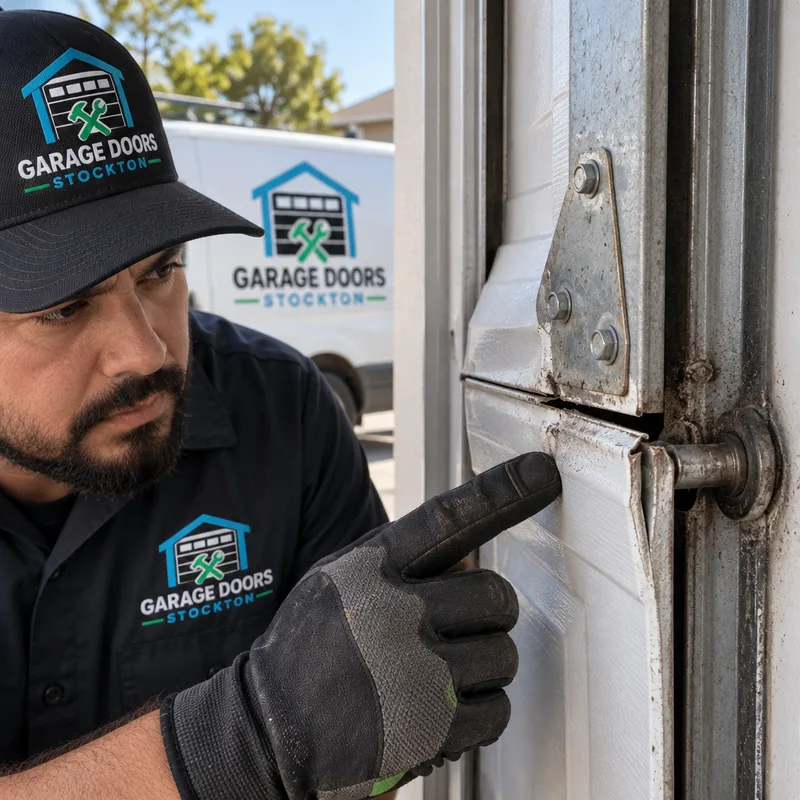 Cracked garage door panel seam and damaged hinge area showing misalignment