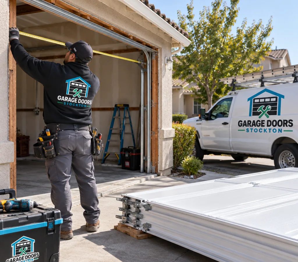 Residential garage door replacement in progress at a Northern California home