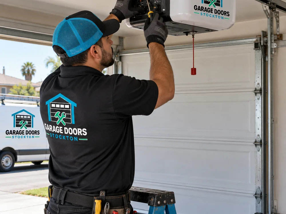 Contractor adjusting garage door opener travel limits with the door closed