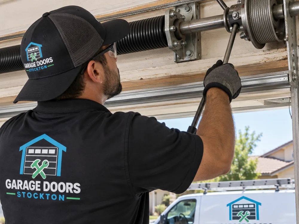 Installer inspecting a torsion spring shaft, center bearing plate, and cable drums