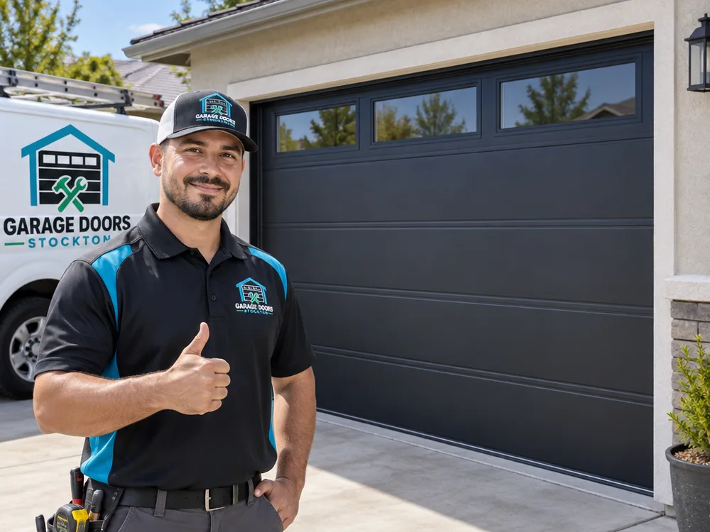 Finished modern insulated steel sectional garage door with even panel spacing
