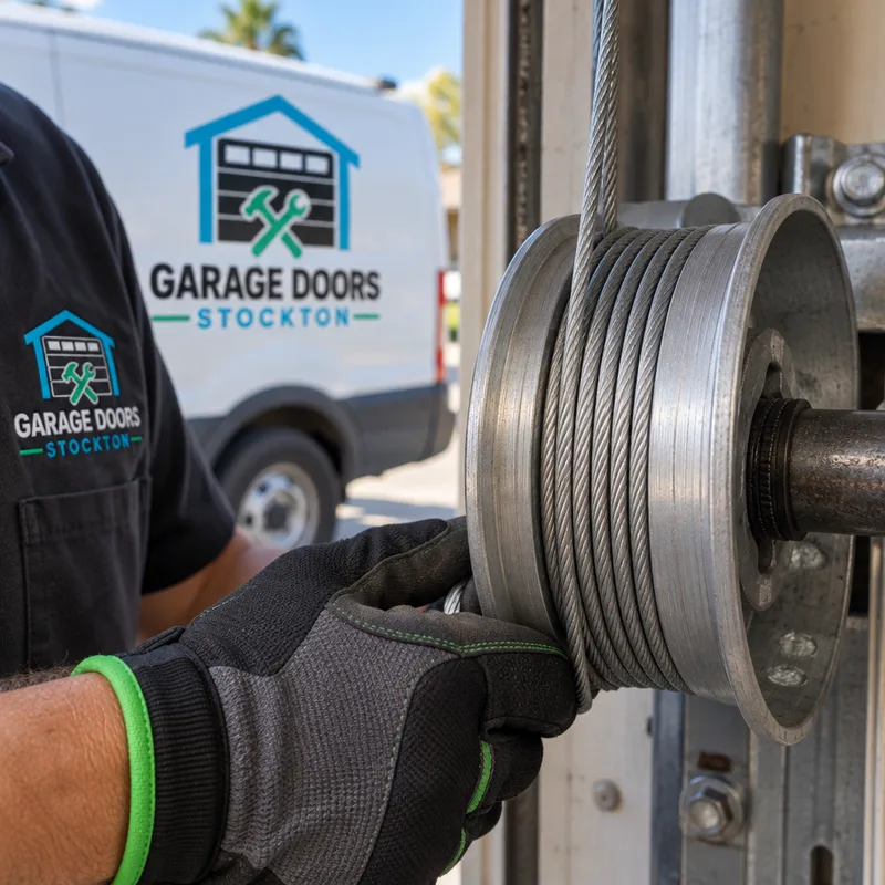 Properly seated garage door lift cable wound cleanly in the grooves of an aluminum drum