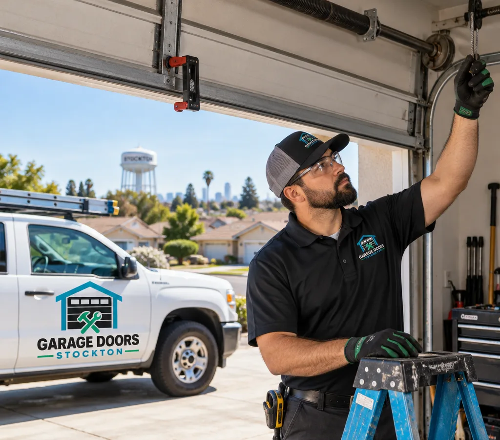 Contractor inspecting lift cables and the torsion spring shaft above a partially raised residential garage door