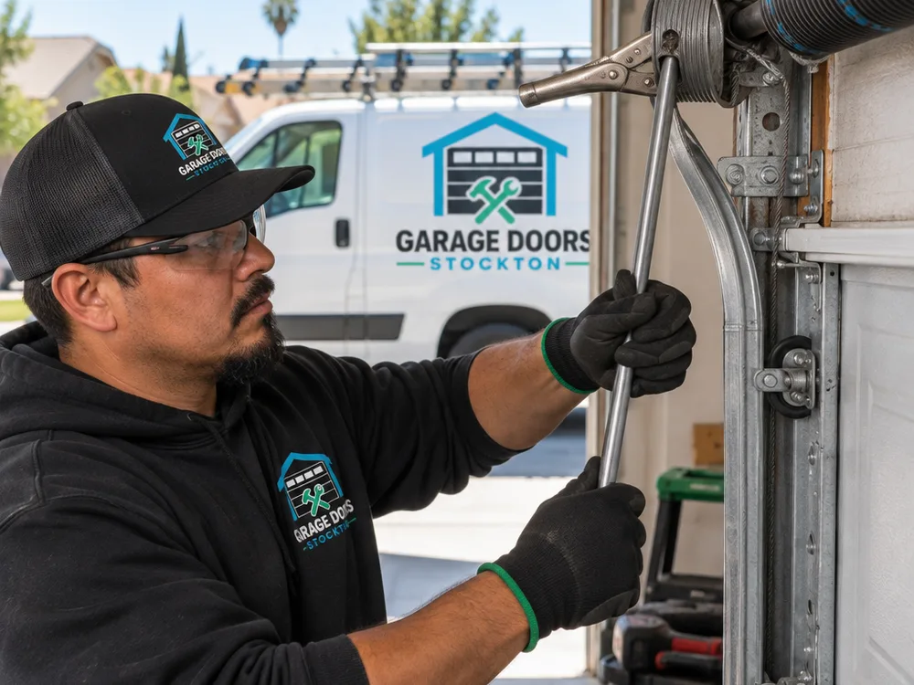 Contractor using locking pliers and winding bars while resetting a lift cable onto a garage door drum