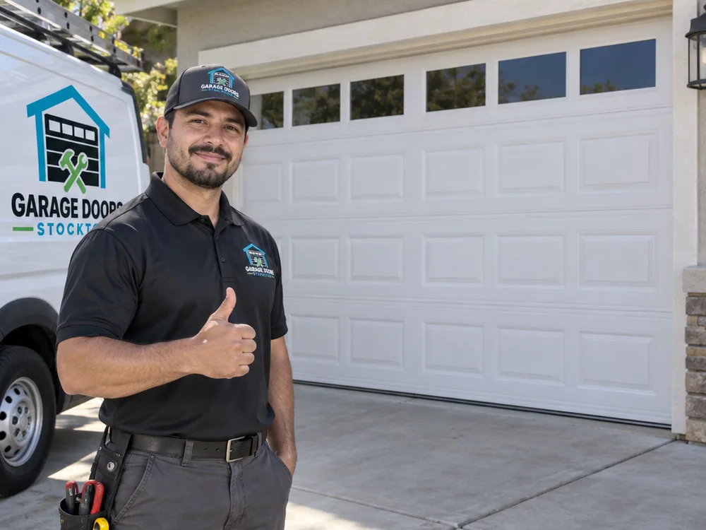 Closed residential sectional garage door with even bottom seal contact and straight alignment