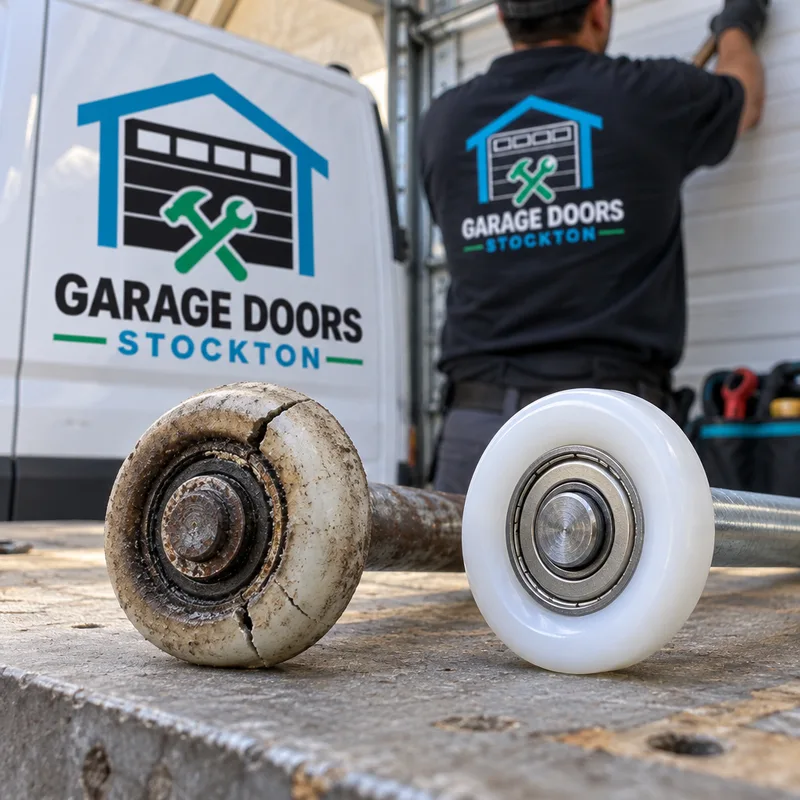 Worn cracked nylon garage door roller beside a clean replacement roller