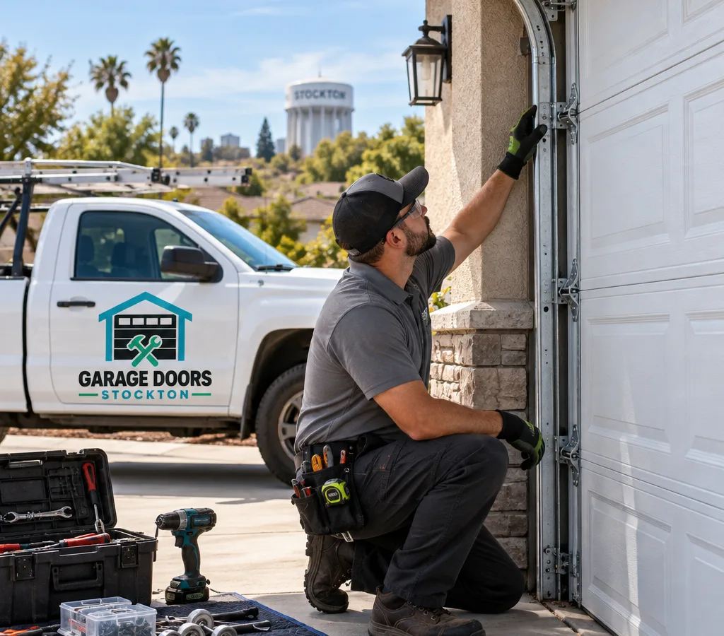 Residential sectional garage door with a contractor inspecting the side track and rollers