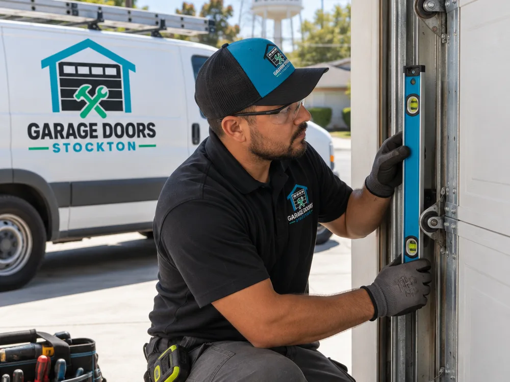 Contractor checking garage door roller seating and vertical track alignment with a level