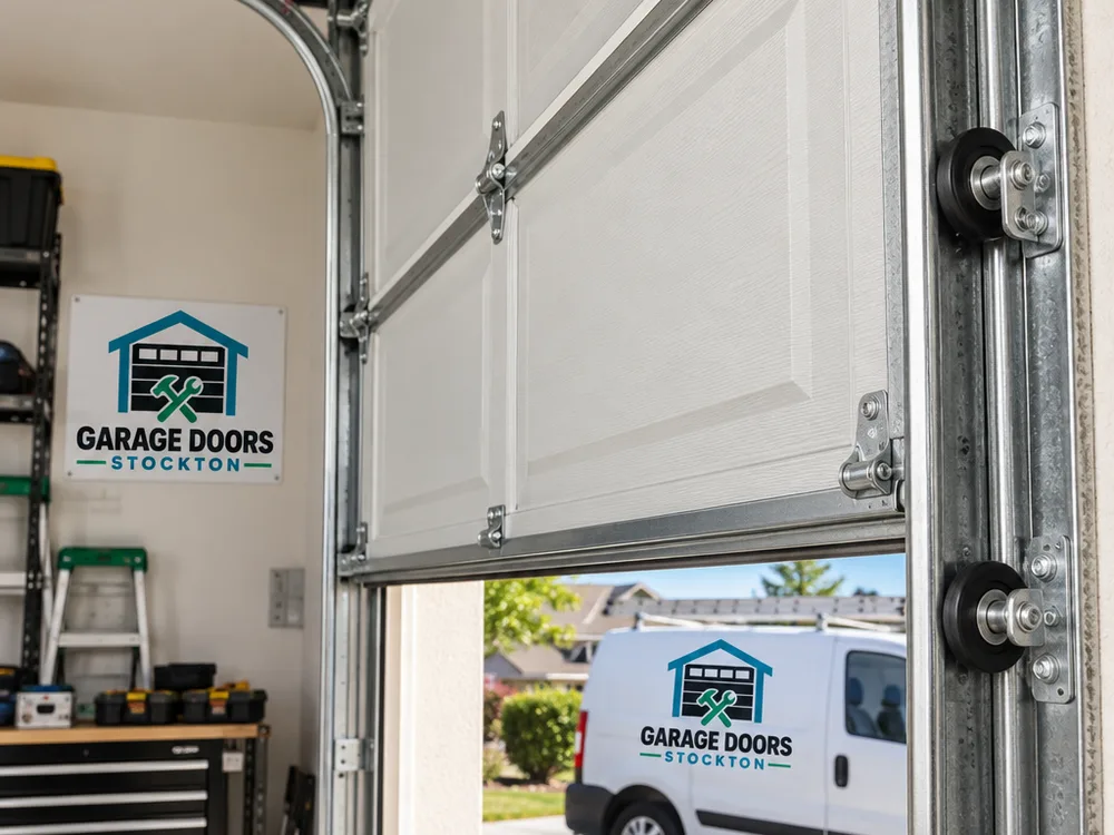 Garage door traveling evenly through aligned tracks with new rollers installed