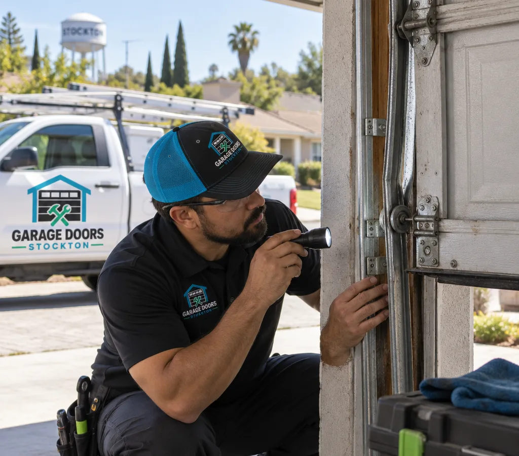Residential garage door partially open while a contractor inspects a misaligned vertical track and rollers