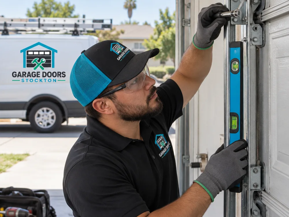 Contractor checking garage door track alignment, bracket fasteners, and rollers with a level