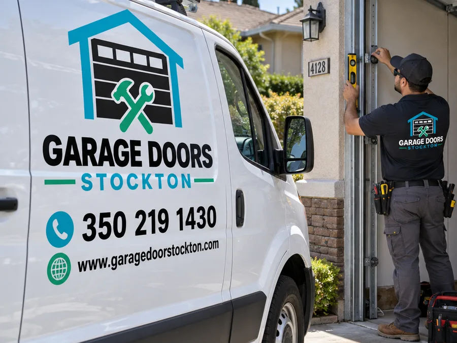Garage door vertical track alignment and roller movement being checked with a level in a Stockton driveway